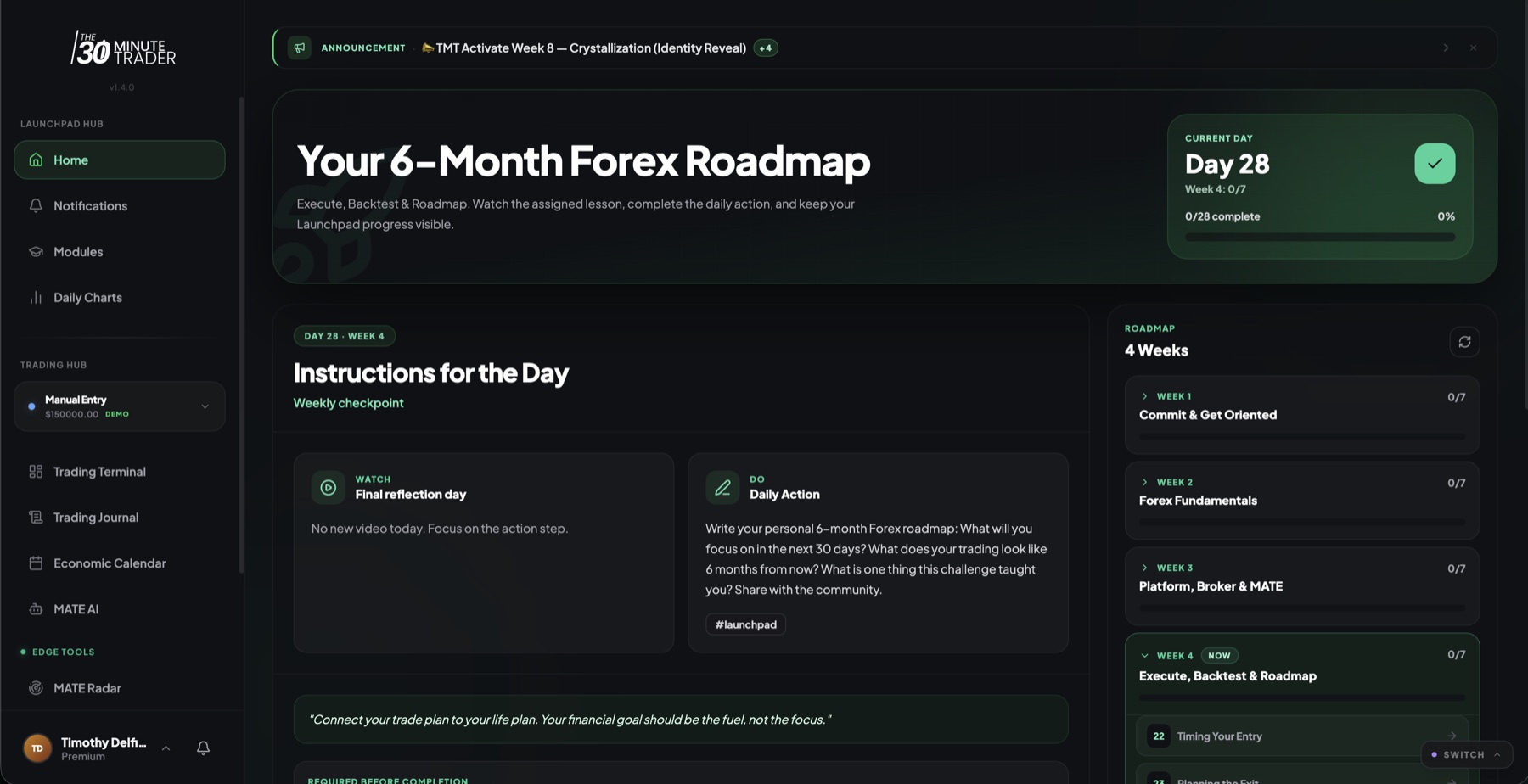 The Launchpad home screen showing the current day counter, the four-week roadmap with daily progress, and the day's lesson, action, and reflection cards.