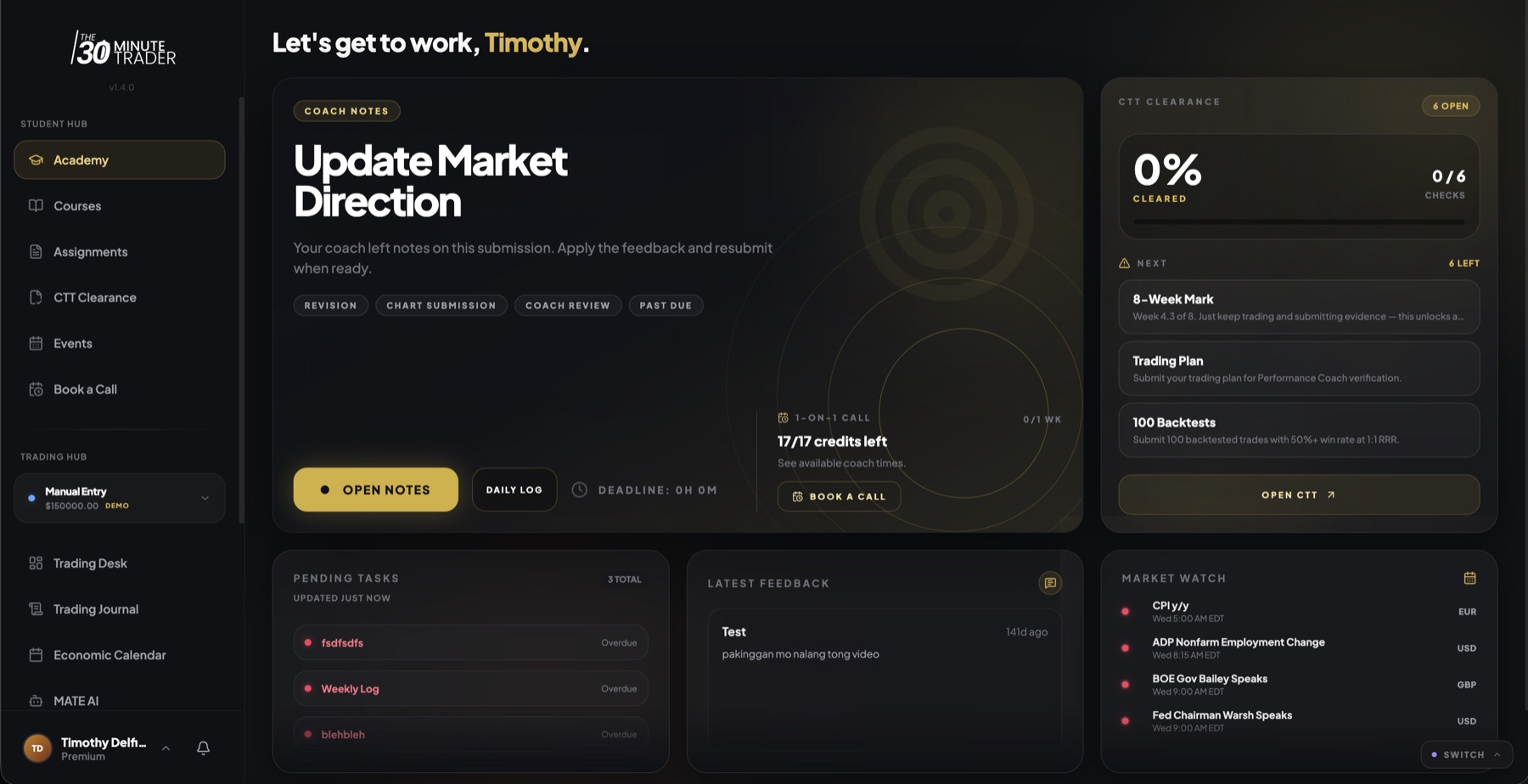 The Premium portal with the Student Hub and Trading Hub in the sidebar, the Academy home in the main panel, and the account switcher and Trading Desk under the Trading Hub.